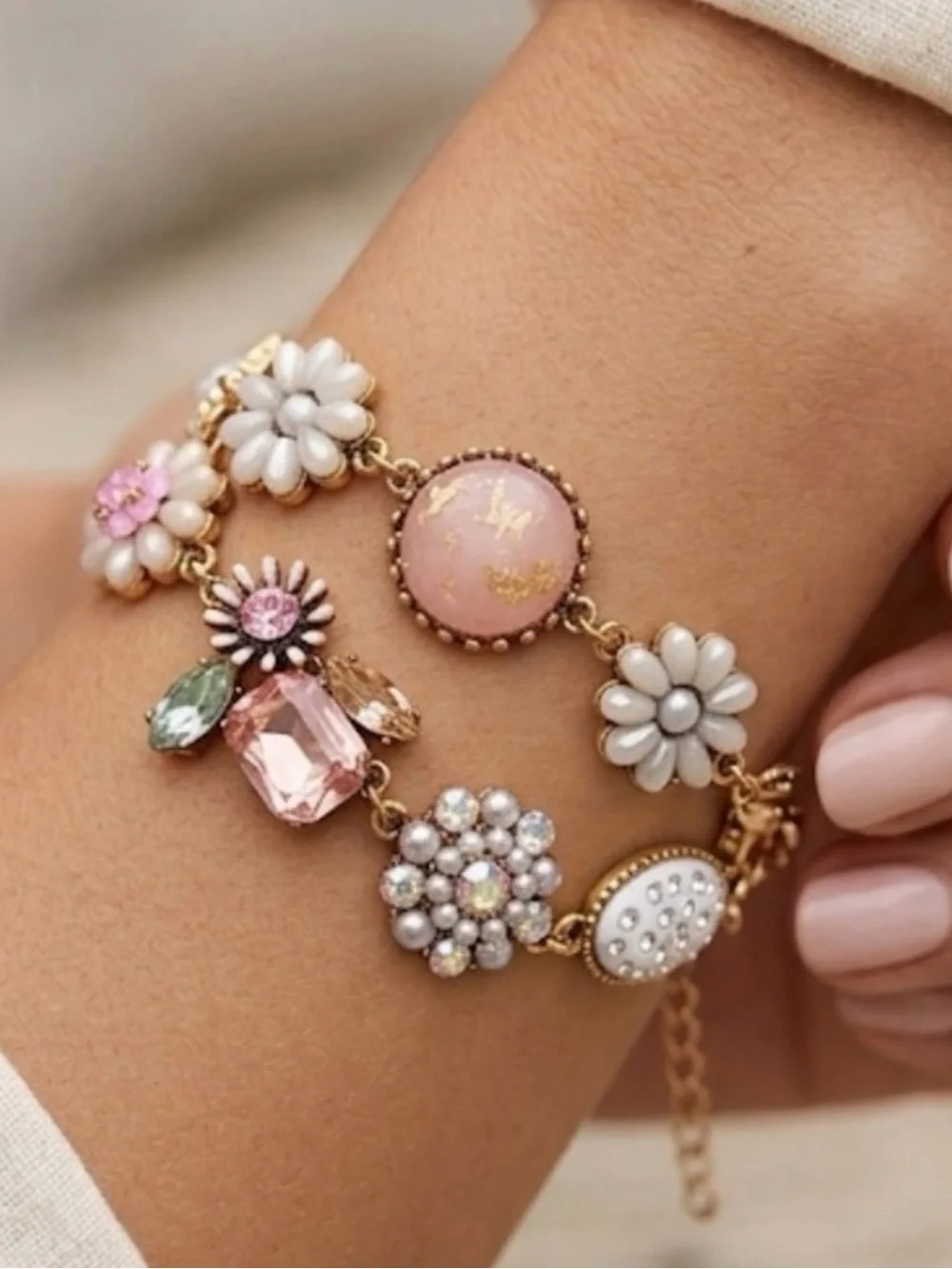 Vintage Inspired/Gold-Tone Pink Floral Crystal Bracelet